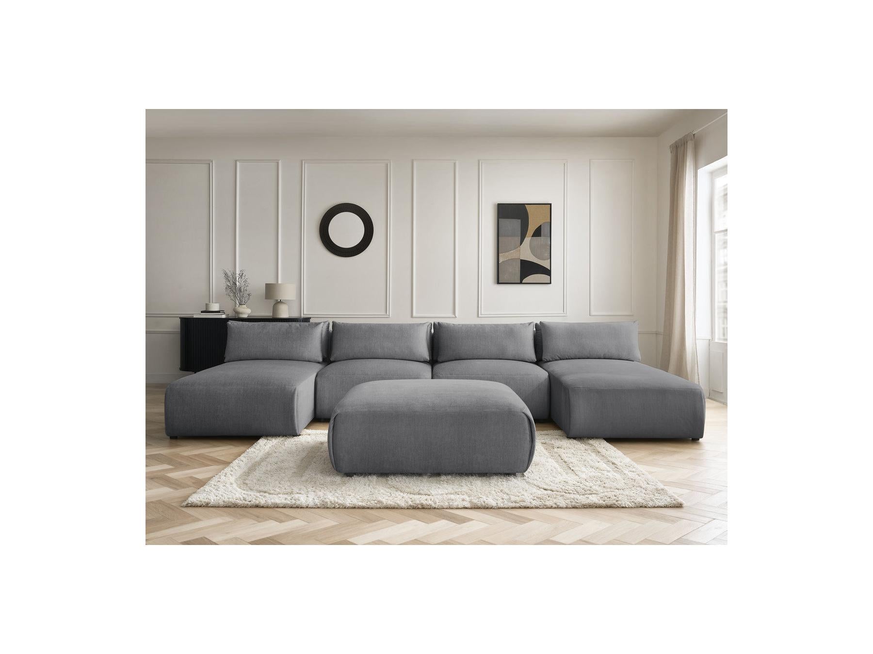 Jana - Canapé Panoramique Fixe Modulable Avec Têtières - Tissu Velours Avec 2 Méridiennes, 2 Chauffeuses Et 1 Grand Pouf