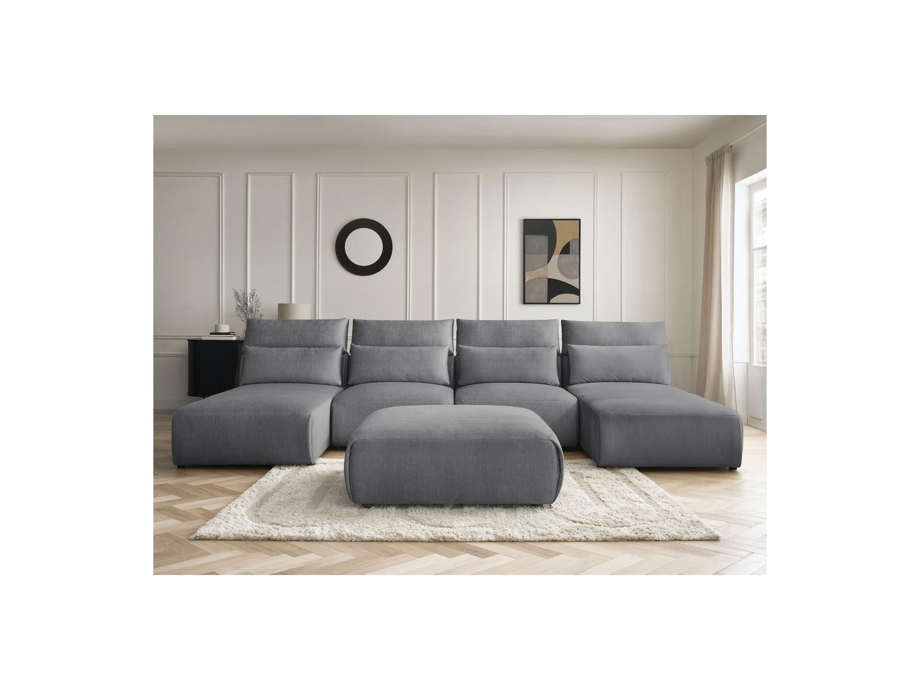 Jana - Canapé Panoramique Fixe Modulable Avec Têtières - Tissu Velours Avec 2 Méridiennes, 2 Chauffeuses Et 1 Grand Pouf