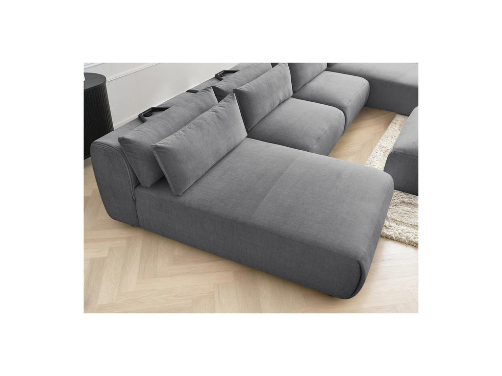 Jana - Canapé Panoramique Fixe Modulable Avec Têtières - Tissu Velours Avec 2 Méridiennes, 2 Chauffeuses Et 1 Grand Pouf