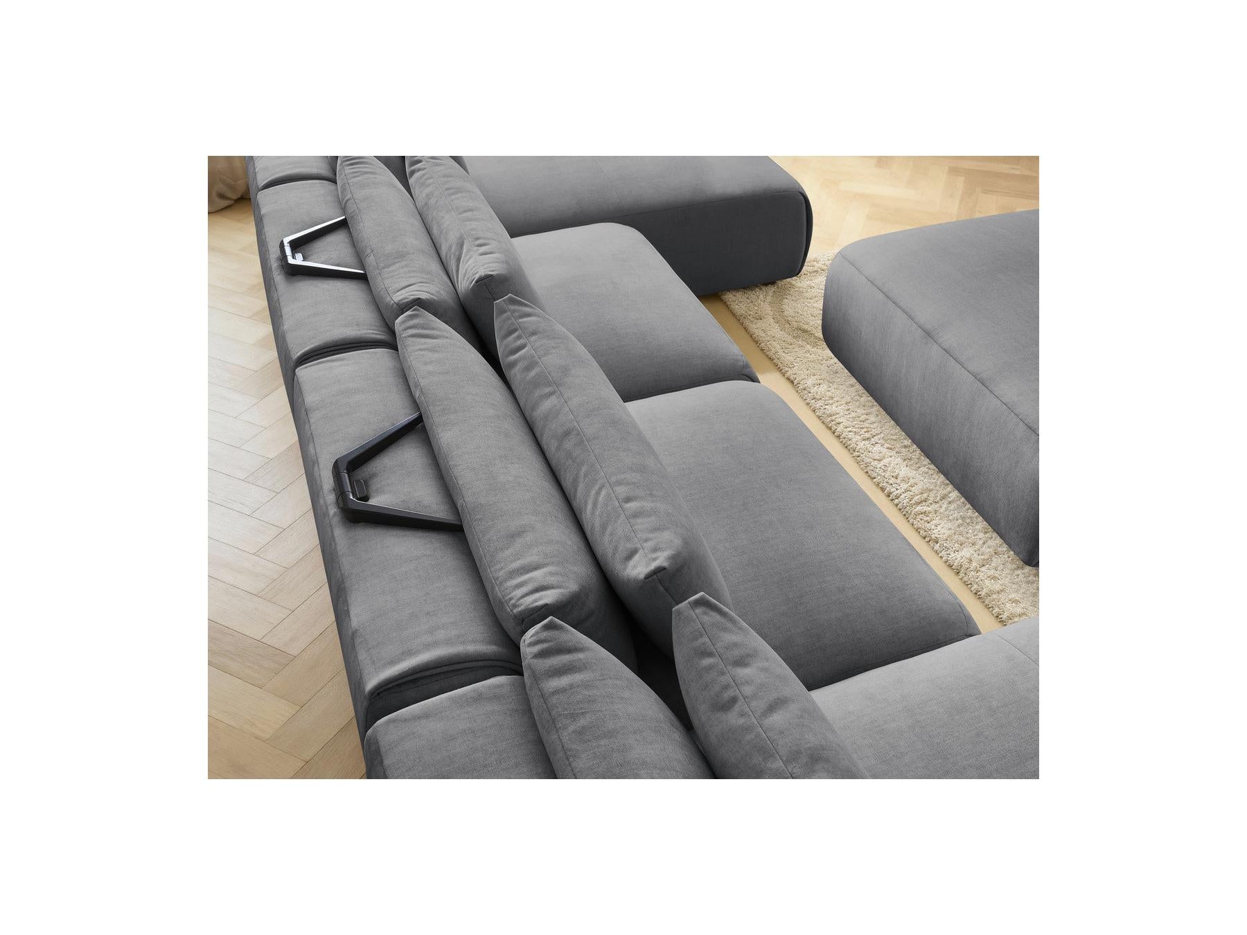 Jana - Canapé Panoramique Fixe Modulable Avec Têtières - Tissu Velours Avec 2 Méridiennes, 2 Chauffeuses Et 1 Grand Pouf