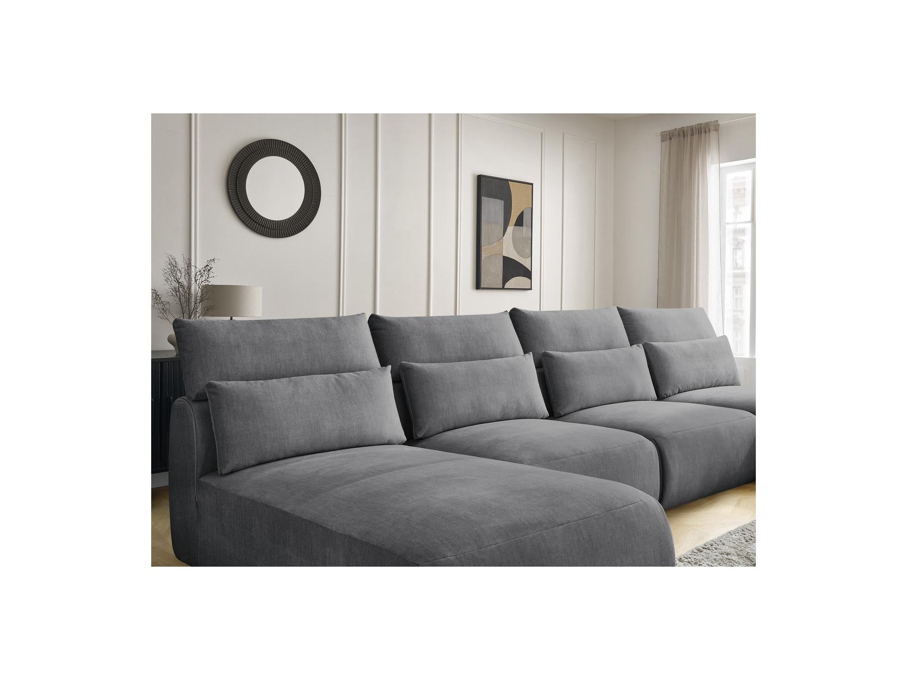 Jana - Canapé Panoramique Fixe Modulable Avec Têtières - Tissu Velours Avec 2 Méridiennes, 2 Chauffeuses Et 1 Grand Pouf