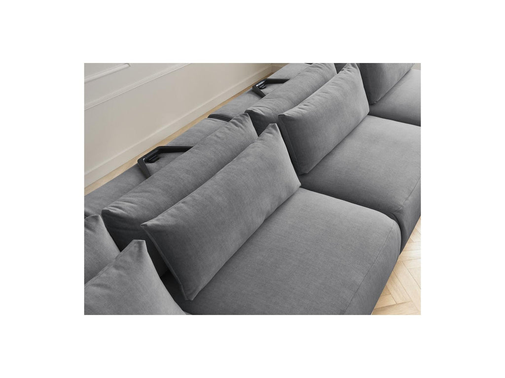 Jana - Canapé Panoramique Fixe Modulable Avec Têtières - Tissu Velours Avec 2 Méridiennes, 2 Chauffeuses Et 1 Grand Pouf