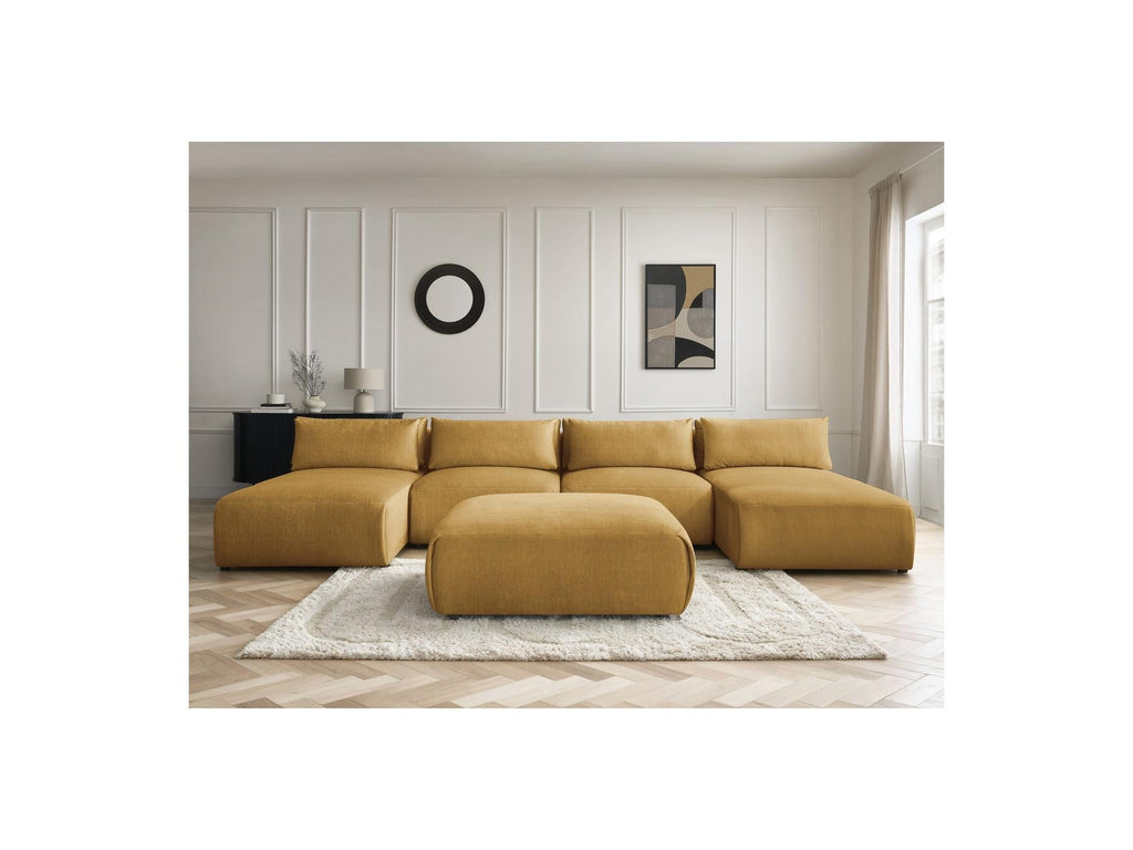 Jana - Canapé Panoramique Fixe Modulable Avec Têtières - Tissu Velours Avec 2 Méridiennes, 2 Chauffeuses Et 1 Grand Pouf