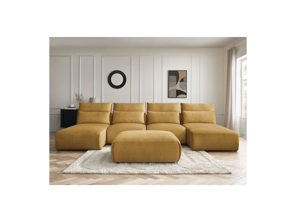 Jana - Canapé Panoramique Fixe Modulable Avec Têtières - Tissu Velours Avec 2 Méridiennes, 2 Chauffeuses Et 1 Grand Pouf