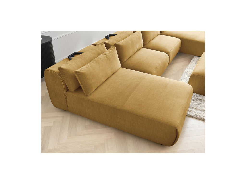Jana - Canapé Panoramique Fixe Modulable Avec Têtières - Tissu Velours Avec 2 Méridiennes, 2 Chauffeuses Et 1 Grand Pouf