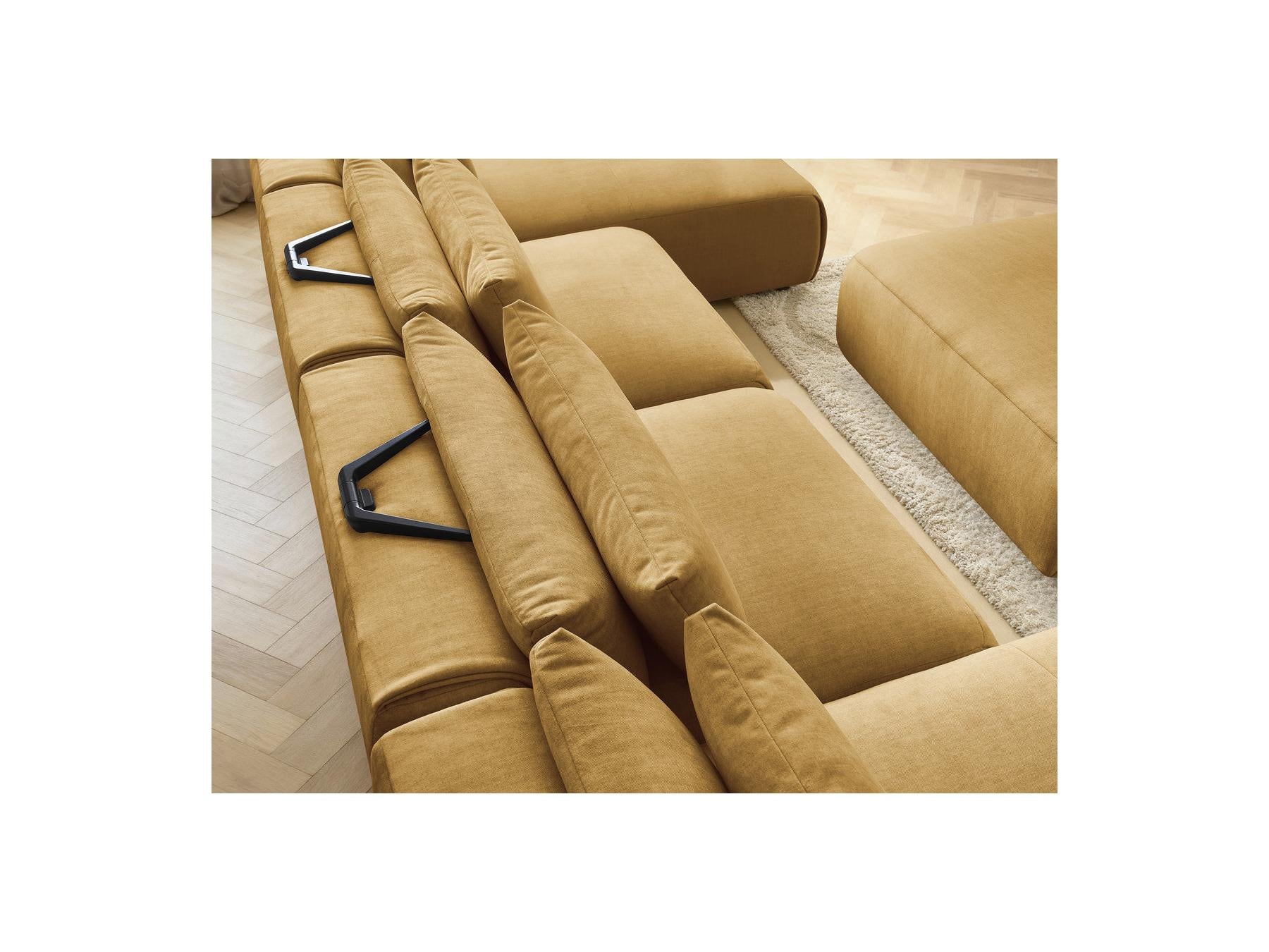 Jana - Canapé Panoramique Fixe Modulable Avec Têtières - Tissu Velours Avec 2 Méridiennes, 2 Chauffeuses Et 1 Grand Pouf