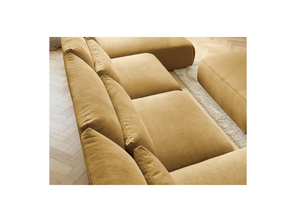 Jana - Canapé Panoramique Fixe Modulable Avec Têtières - Tissu Velours Avec 2 Méridiennes, 2 Chauffeuses Et 1 Grand Pouf