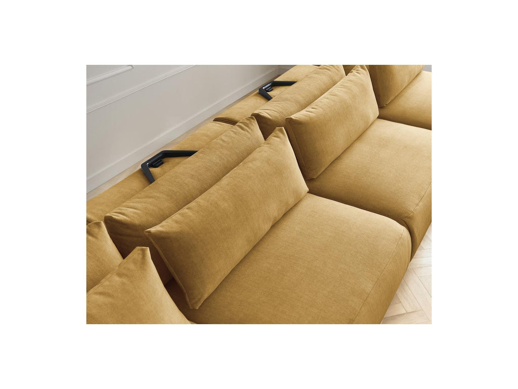 Jana - Canapé Panoramique Fixe Modulable Avec Têtières - Tissu Velours Avec 2 Méridiennes, 2 Chauffeuses Et 1 Grand Pouf
