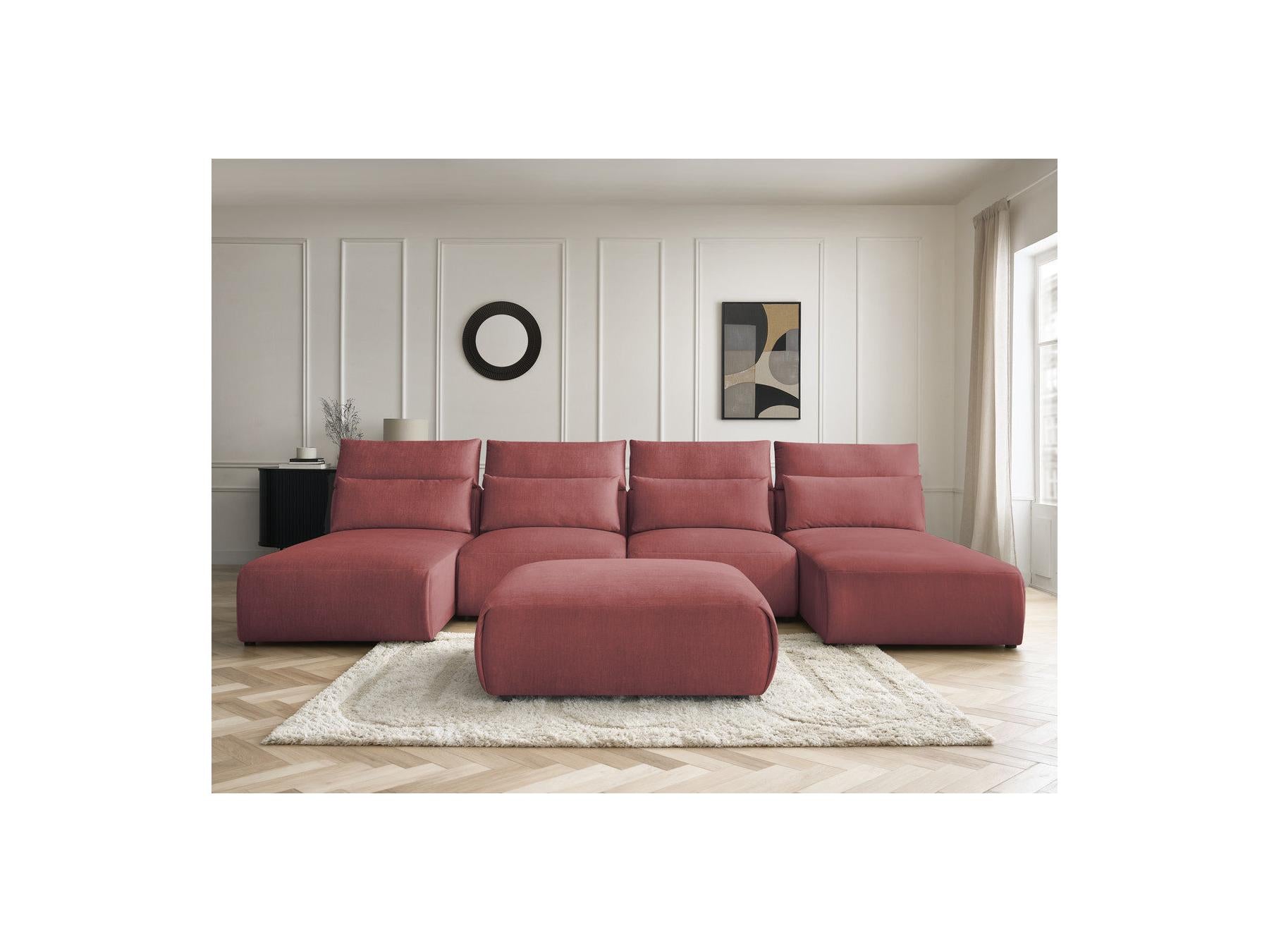 Jana - Canapé Panoramique Fixe Modulable Avec Têtières - Tissu Velours Avec 2 Méridiennes, 2 Chauffeuses Et 1 Grand Pouf