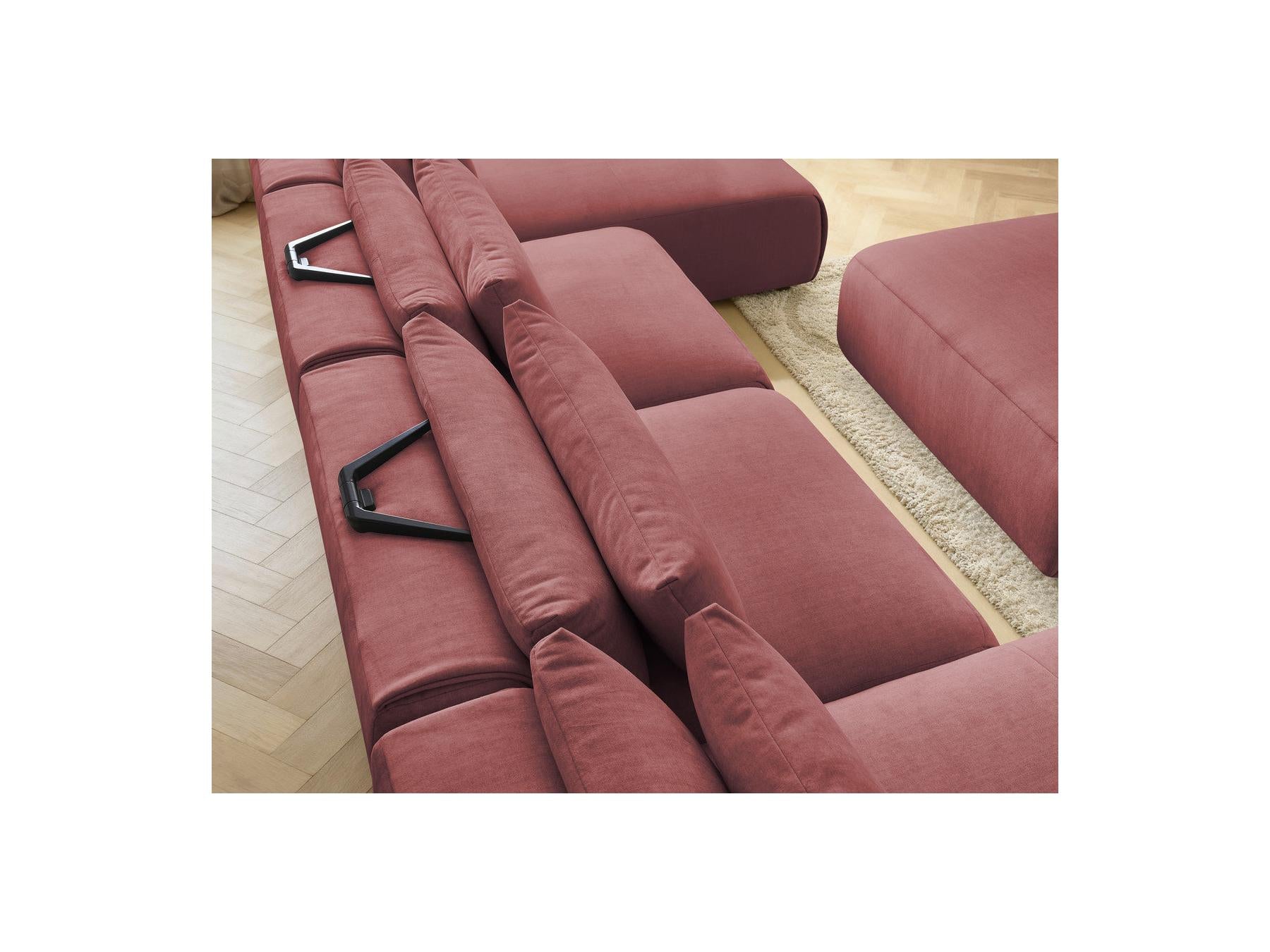 Jana - Canapé Panoramique Fixe Modulable Avec Têtières - Tissu Velours Avec 2 Méridiennes, 2 Chauffeuses Et 1 Grand Pouf