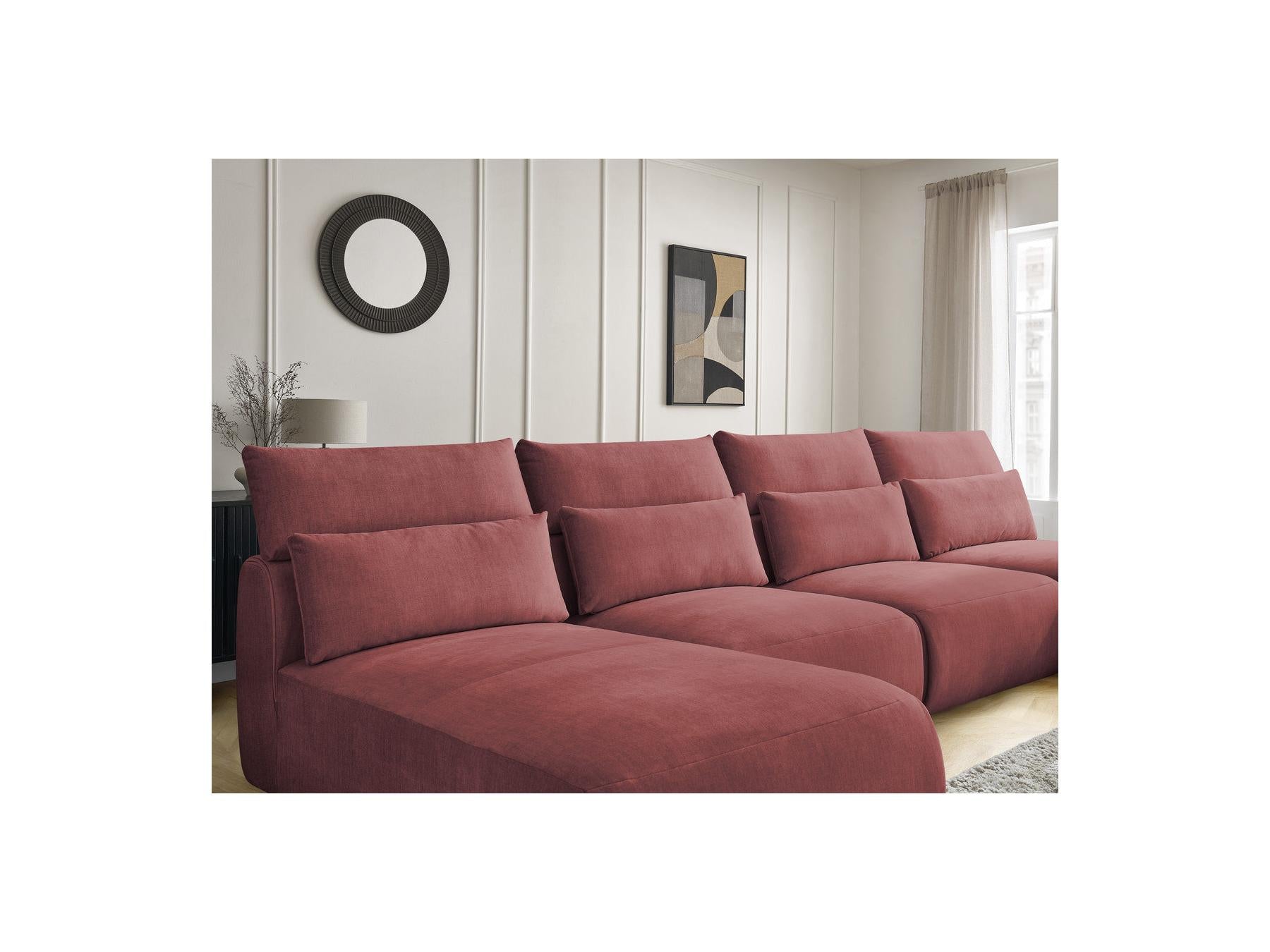 Jana - Canapé Panoramique Fixe Modulable Avec Têtières - Tissu Velours Avec 2 Méridiennes, 2 Chauffeuses Et 1 Grand Pouf