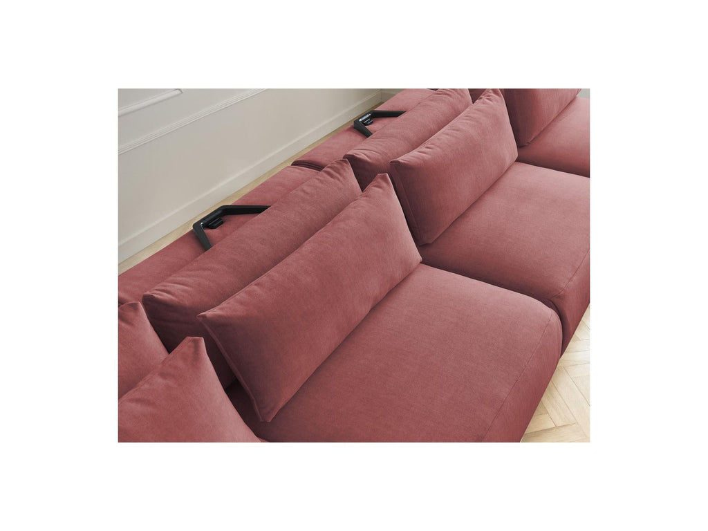 Jana - Canapé Panoramique Fixe Modulable Avec Têtières - Tissu Velours Avec 2 Méridiennes, 2 Chauffeuses Et 1 Grand Pouf