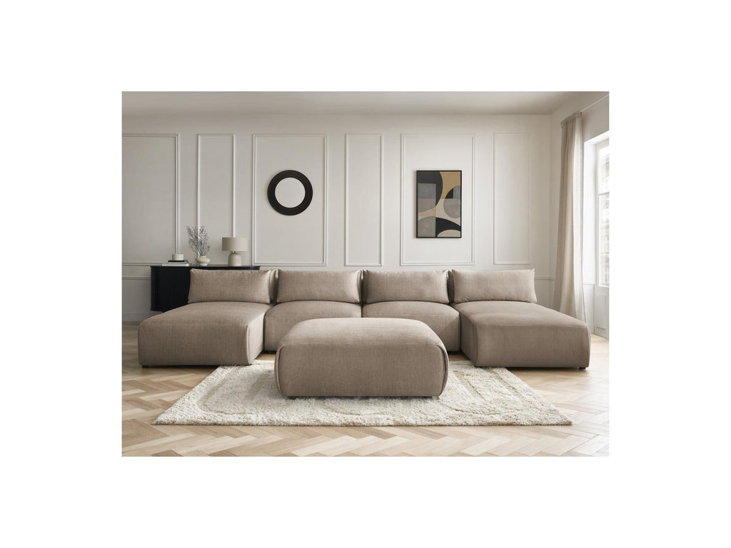 Jana - Canapé Panoramique Fixe Modulable Avec Têtières - Tissu Velours Avec 2 Méridiennes, 2 Chauffeuses Et 1 Grand Pouf