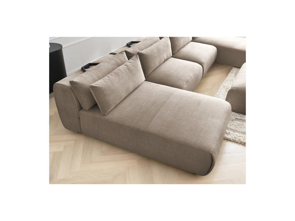Jana - Canapé Panoramique Fixe Modulable Avec Têtières - Tissu Velours Avec 2 Méridiennes, 2 Chauffeuses Et 1 Grand Pouf