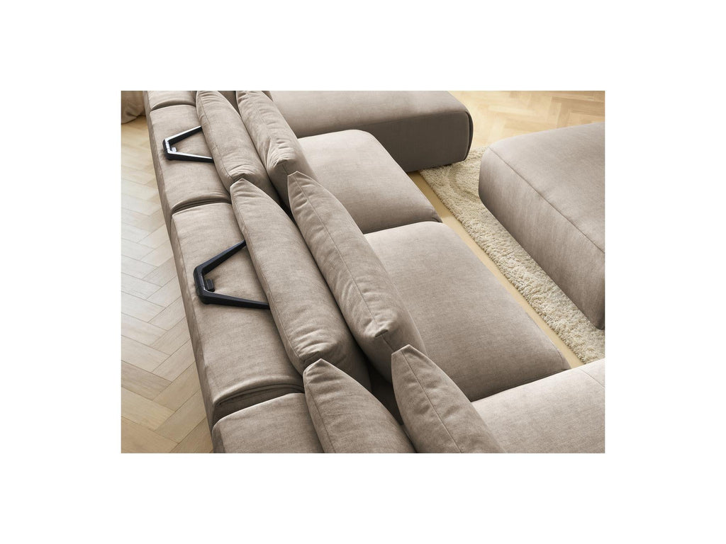 Jana - Canapé Panoramique Fixe Modulable Avec Têtières - Tissu Velours Avec 2 Méridiennes, 2 Chauffeuses Et 1 Grand Pouf