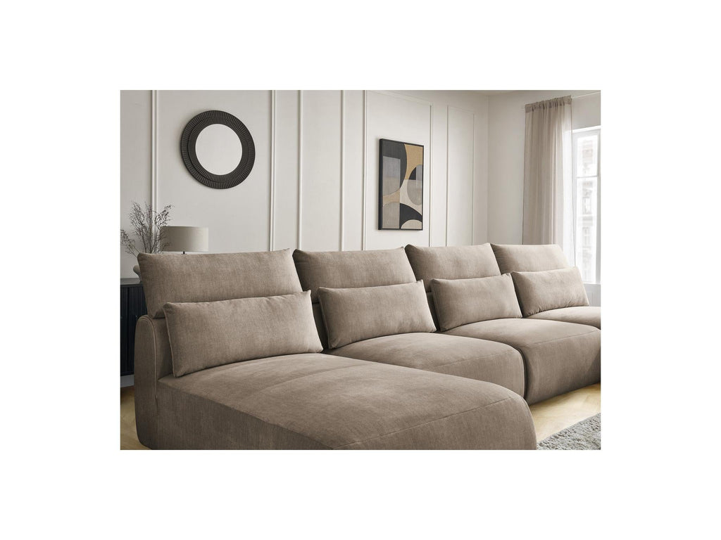 Jana - Canapé Panoramique Fixe Modulable Avec Têtières - Tissu Velours Avec 2 Méridiennes, 2 Chauffeuses Et 1 Grand Pouf