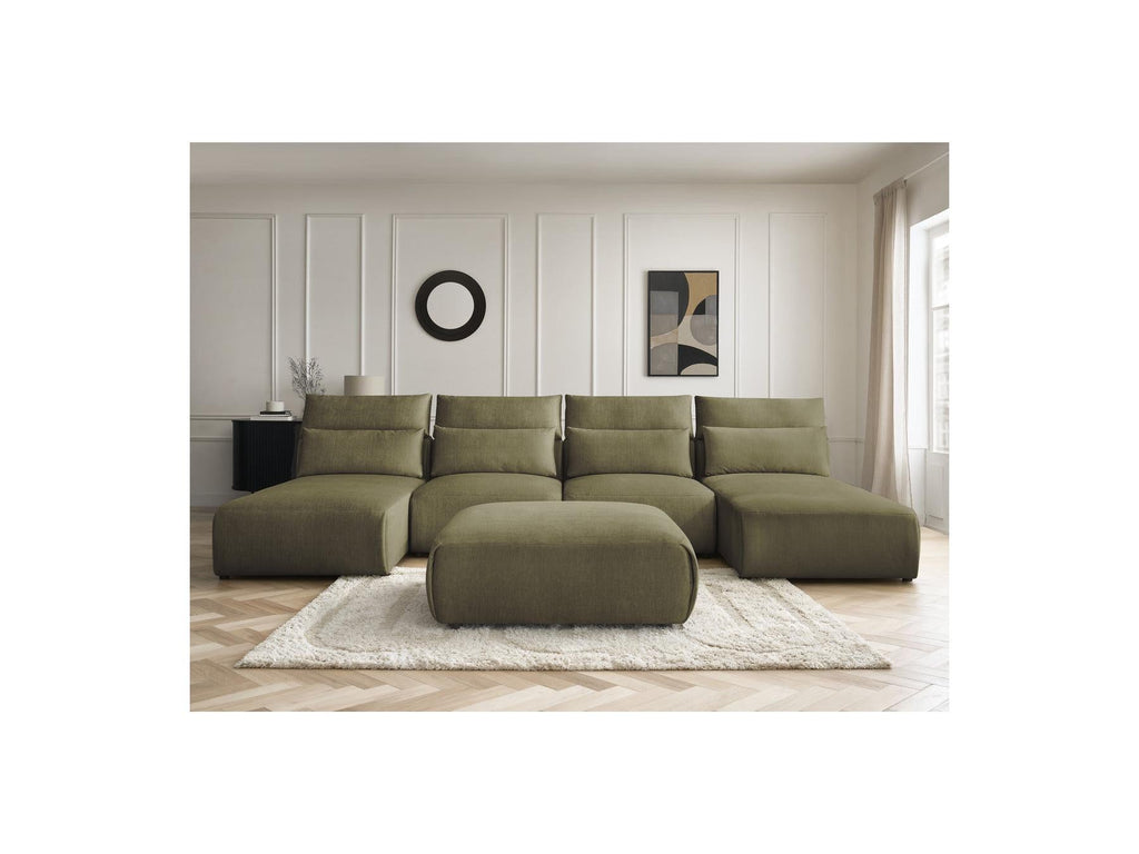 Jana - Canapé Panoramique Fixe Modulable Avec Têtières - Tissu Velours Avec 2 Méridiennes, 2 Chauffeuses Et 1 Grand Pouf