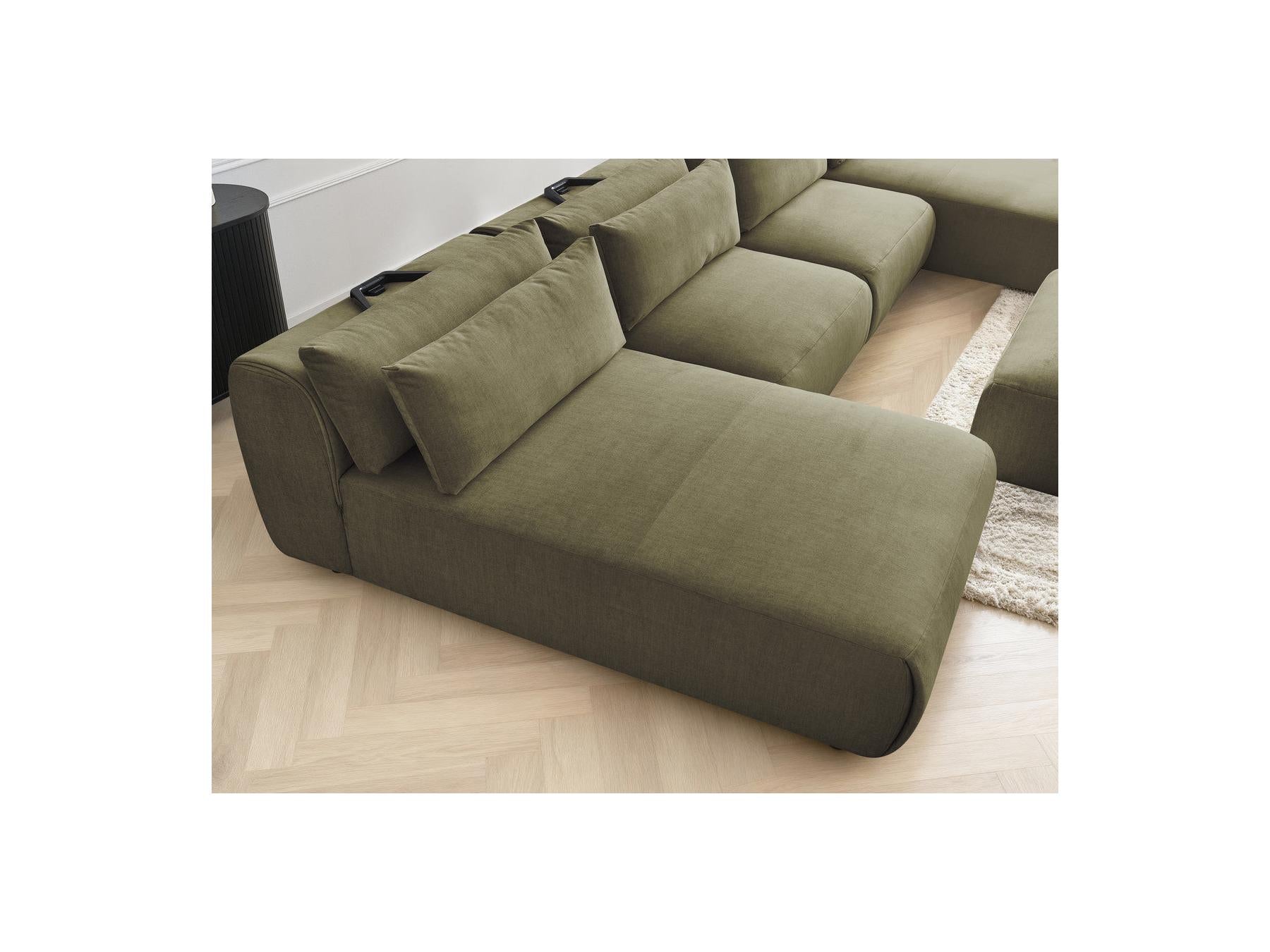 Jana - Canapé Panoramique Fixe Modulable Avec Têtières - Tissu Velours Avec 2 Méridiennes, 2 Chauffeuses Et 1 Grand Pouf