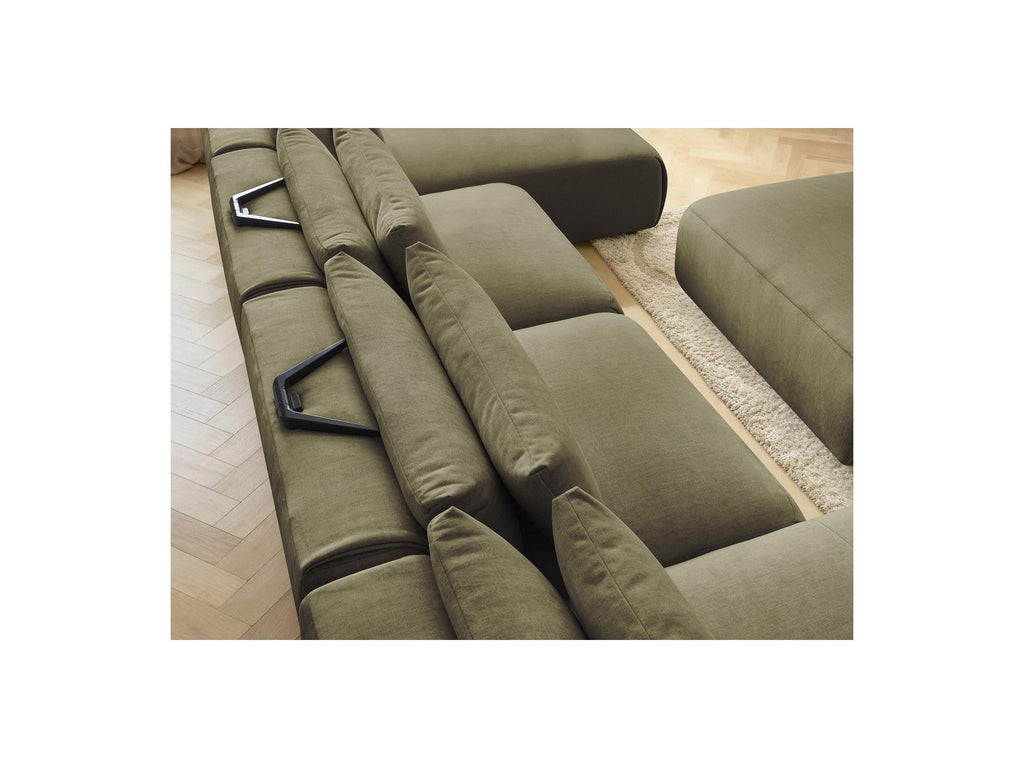 Jana - Canapé Panoramique Fixe Modulable Avec Têtières - Tissu Velours Avec 2 Méridiennes, 2 Chauffeuses Et 1 Grand Pouf
