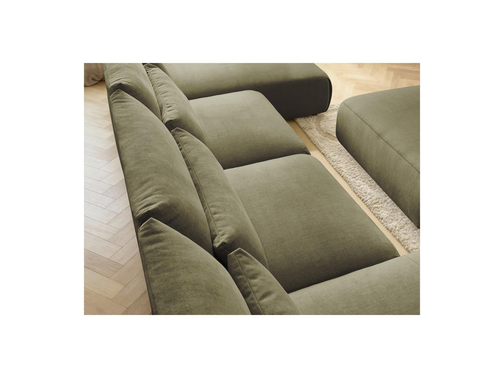 Jana - Canapé Panoramique Fixe Modulable Avec Têtières - Tissu Velours Avec 2 Méridiennes, 2 Chauffeuses Et 1 Grand Pouf