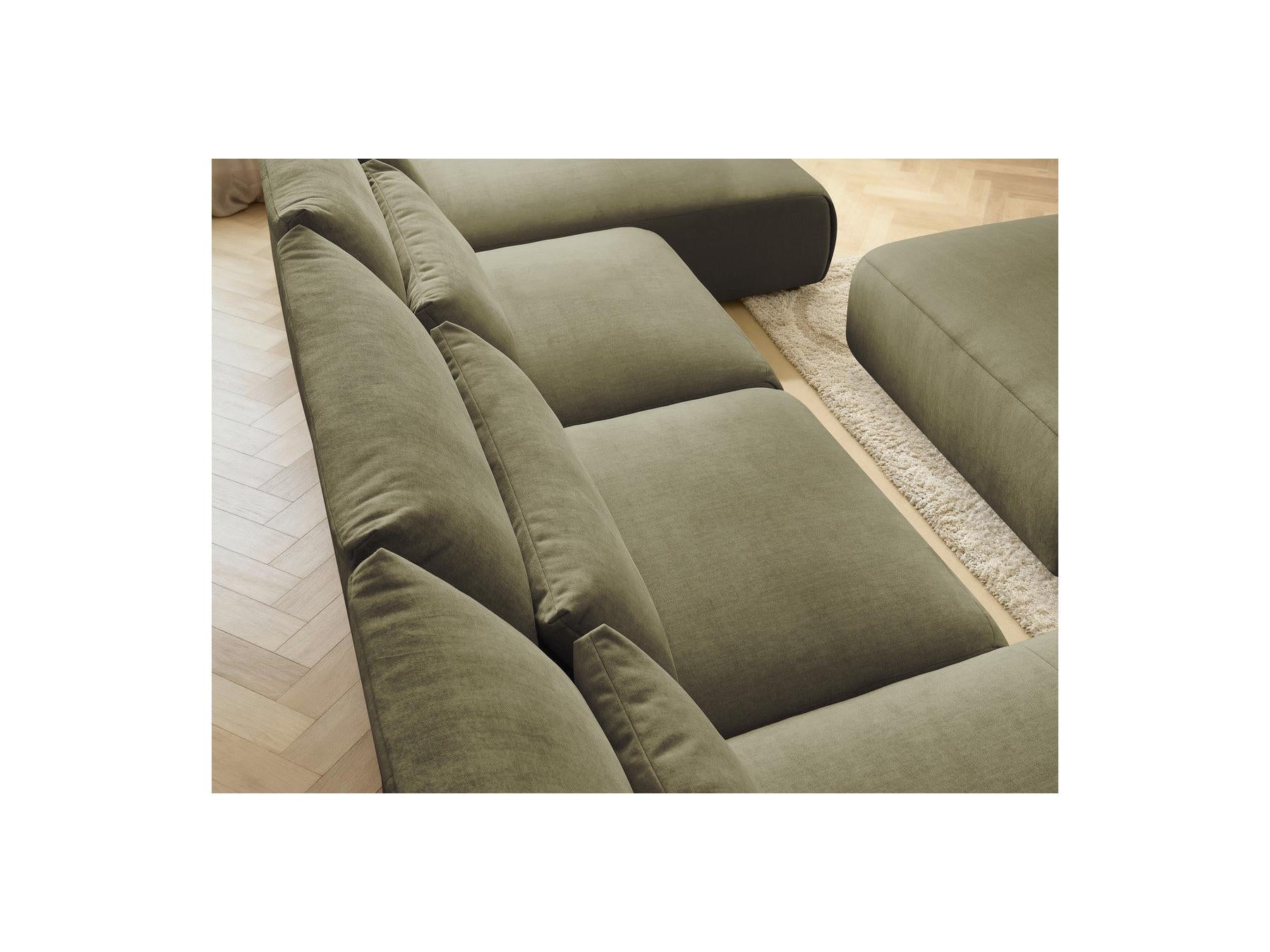 Jana - Canapé Panoramique Fixe Modulable Avec Têtières - Tissu Velours Avec 2 Méridiennes, 2 Chauffeuses Et 1 Grand Pouf