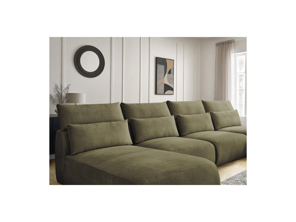 Jana - Canapé Panoramique Fixe Modulable Avec Têtières - Tissu Velours Avec 2 Méridiennes, 2 Chauffeuses Et 1 Grand Pouf