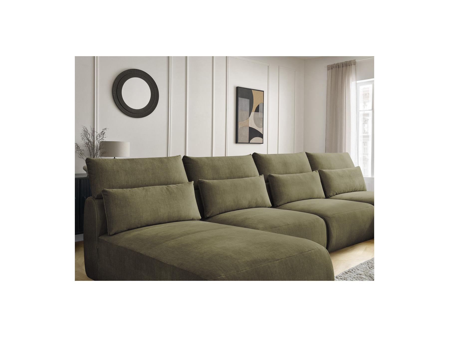 Jana - Canapé Panoramique Fixe Modulable Avec Têtières - Tissu Velours Avec 2 Méridiennes, 2 Chauffeuses Et 1 Grand Pouf