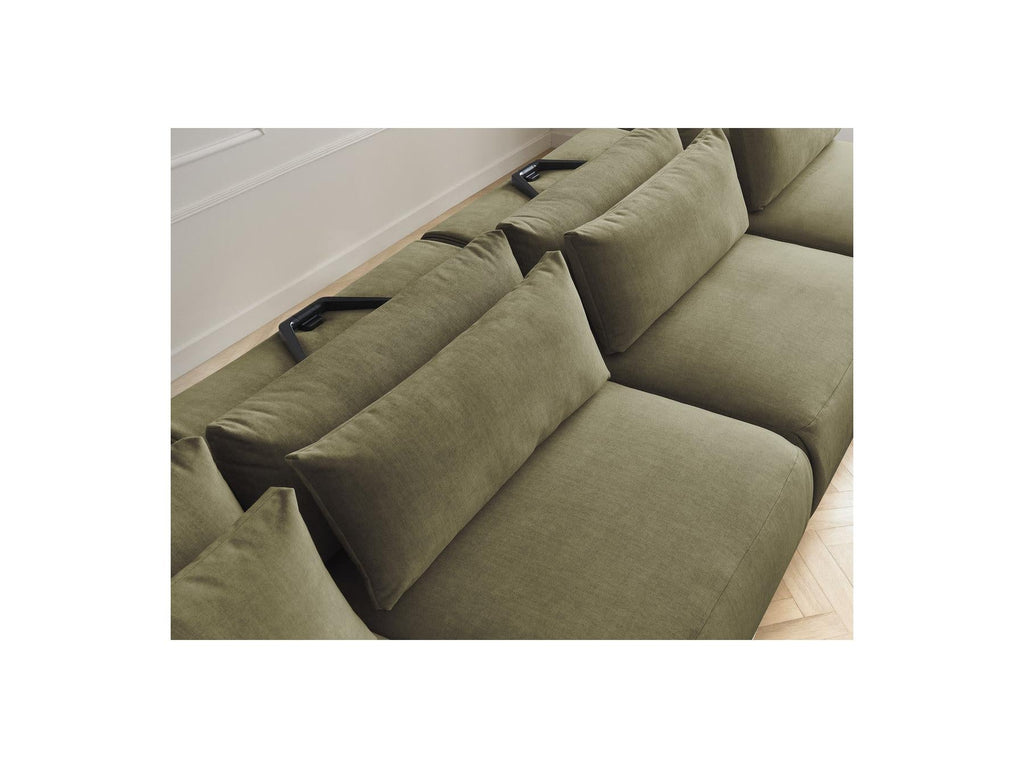 Jana - Canapé Panoramique Fixe Modulable Avec Têtières - Tissu Velours Avec 2 Méridiennes, 2 Chauffeuses Et 1 Grand Pouf