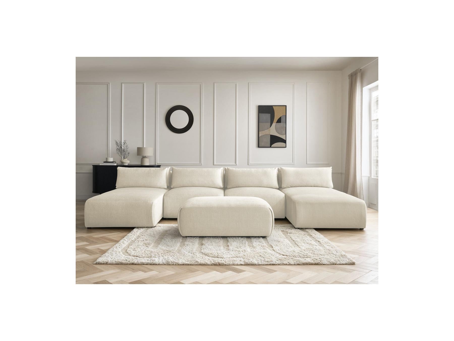 Jana - Canapé Panoramique Fixe Modulable Avec Têtières - Tissu Velours Avec 2 Méridiennes, 2 Chauffeuses Et 1 Petit Pouf