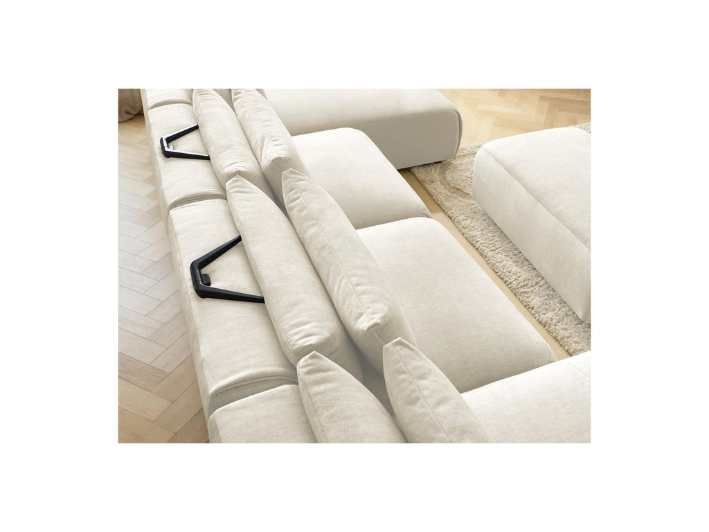 Jana - Canapé Panoramique Fixe Modulable Avec Têtières - Tissu Velours Avec 2 Méridiennes, 2 Chauffeuses Et 1 Petit Pouf