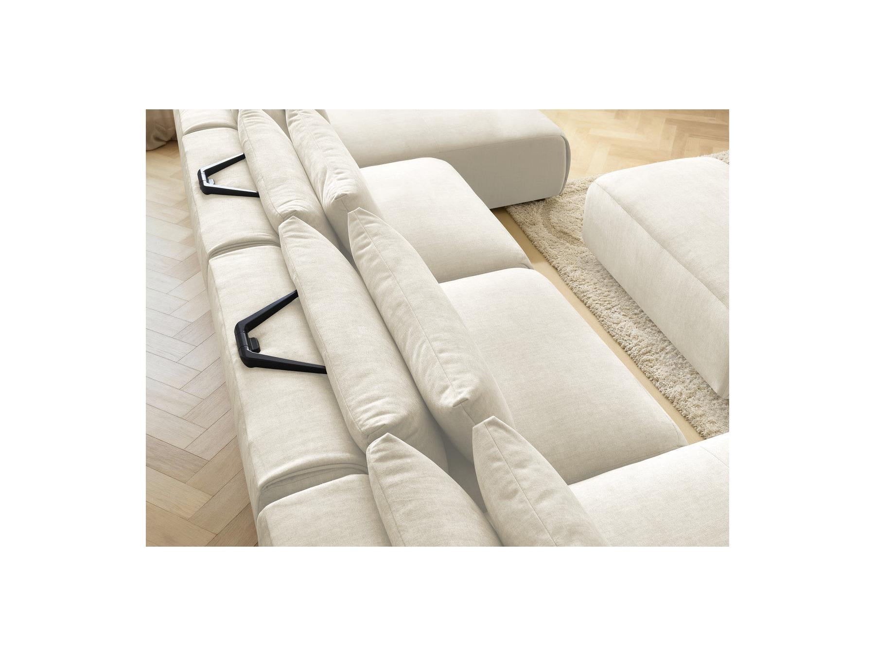 Jana - Canapé Panoramique Fixe Modulable Avec Têtières - Tissu Velours Avec 2 Méridiennes, 2 Chauffeuses Et 1 Petit Pouf
