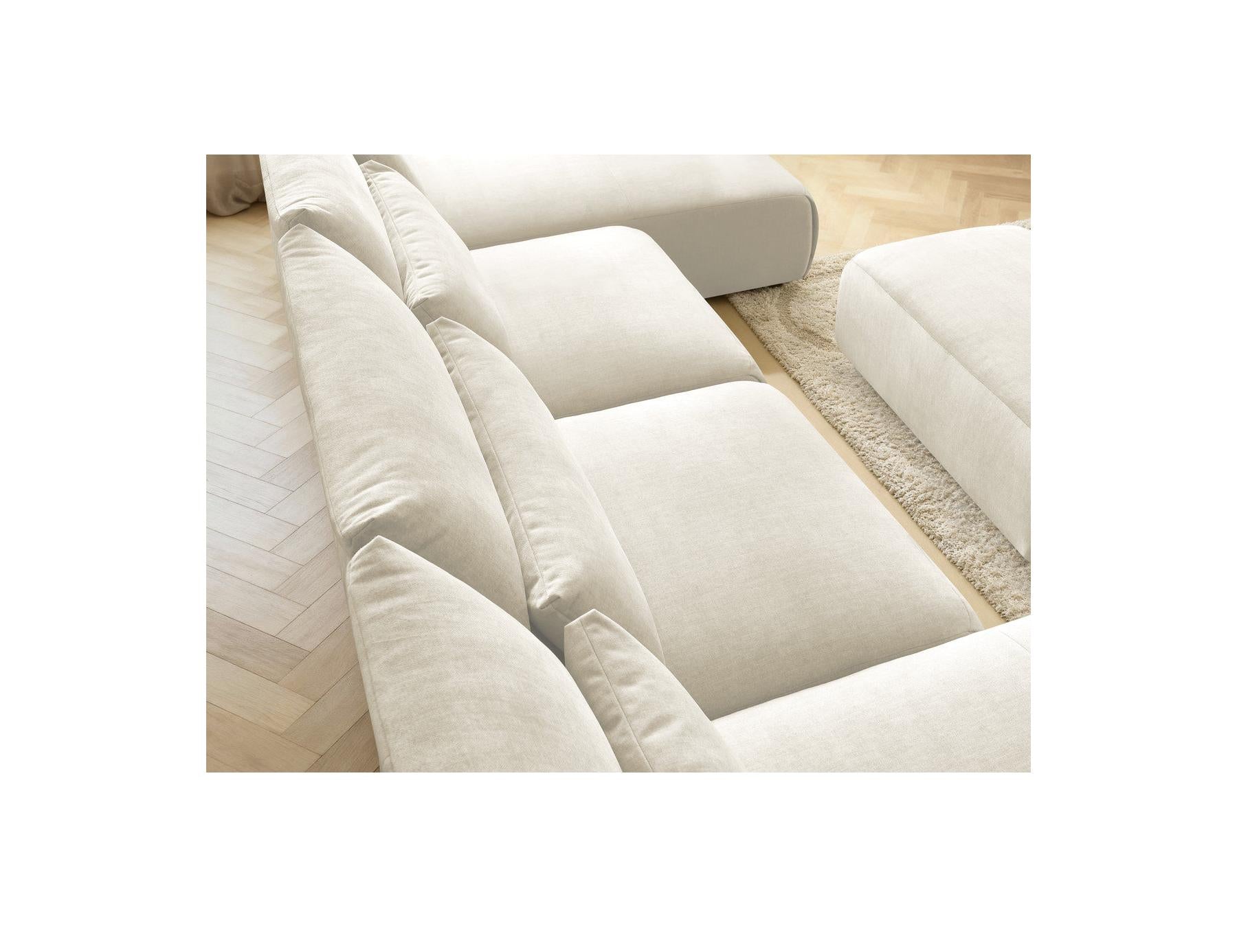 Jana - Canapé Panoramique Fixe Modulable Avec Têtières - Tissu Velours Avec 2 Méridiennes, 2 Chauffeuses Et 1 Petit Pouf