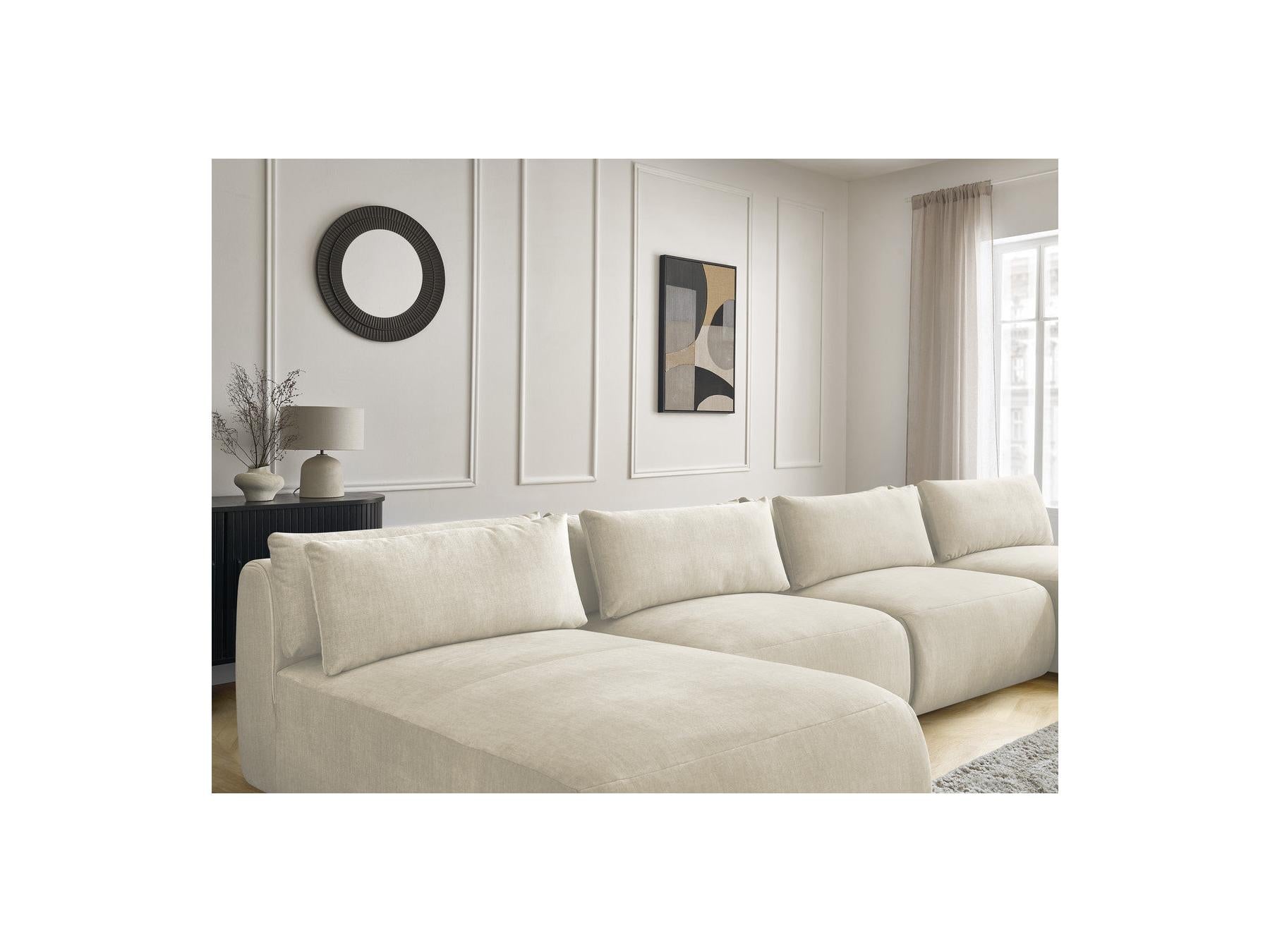 Jana - Canapé Panoramique Fixe Modulable Avec Têtières - Tissu Velours Avec 2 Méridiennes, 2 Chauffeuses Et 1 Petit Pouf