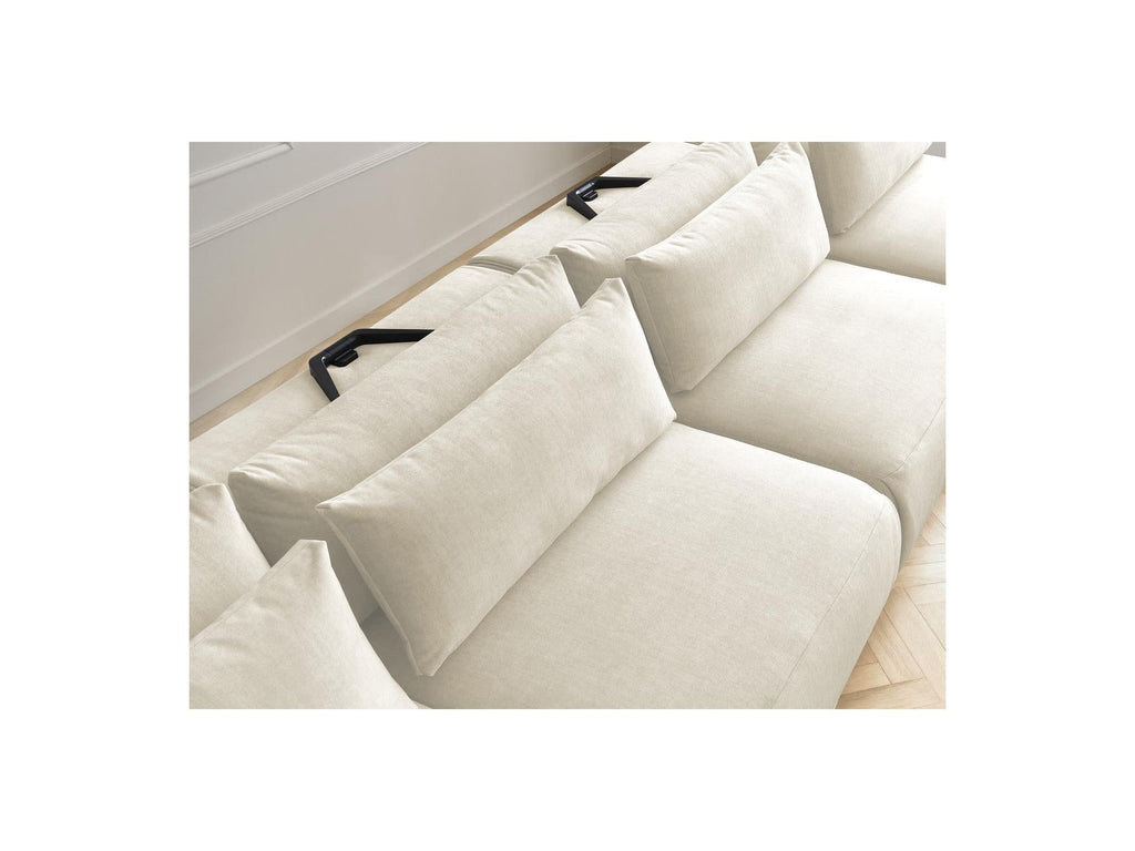 Jana - Canapé Panoramique Fixe Modulable Avec Têtières - Tissu Velours Avec 2 Méridiennes, 2 Chauffeuses Et 1 Petit Pouf