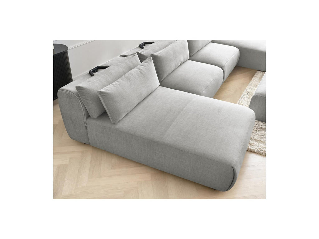Jana - Canapé Panoramique Fixe Modulable Avec Têtières - Tissu Velours Avec 2 Méridiennes, 2 Chauffeuses Et 1 Petit Pouf