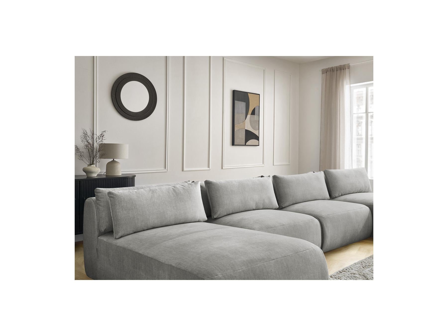 Jana - Canapé Panoramique Fixe Modulable Avec Têtières - Tissu Velours Avec 2 Méridiennes, 2 Chauffeuses Et 1 Petit Pouf