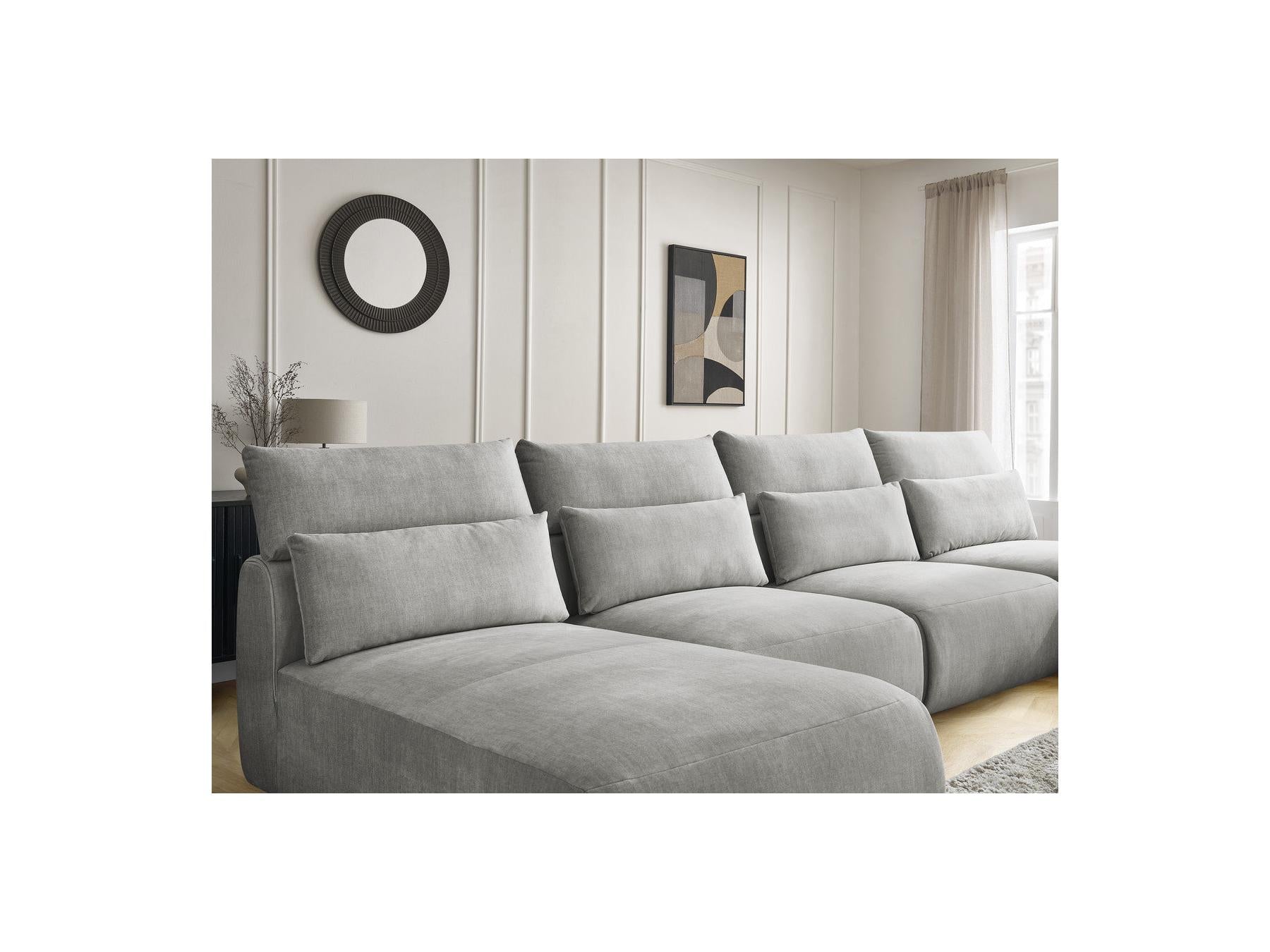 Jana - Canapé Panoramique Fixe Modulable Avec Têtières - Tissu Velours Avec 2 Méridiennes, 2 Chauffeuses Et 1 Petit Pouf