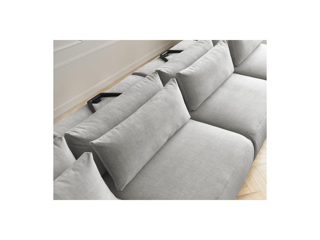 Jana - Canapé Panoramique Fixe Modulable Avec Têtières - Tissu Velours Avec 2 Méridiennes, 2 Chauffeuses Et 1 Petit Pouf