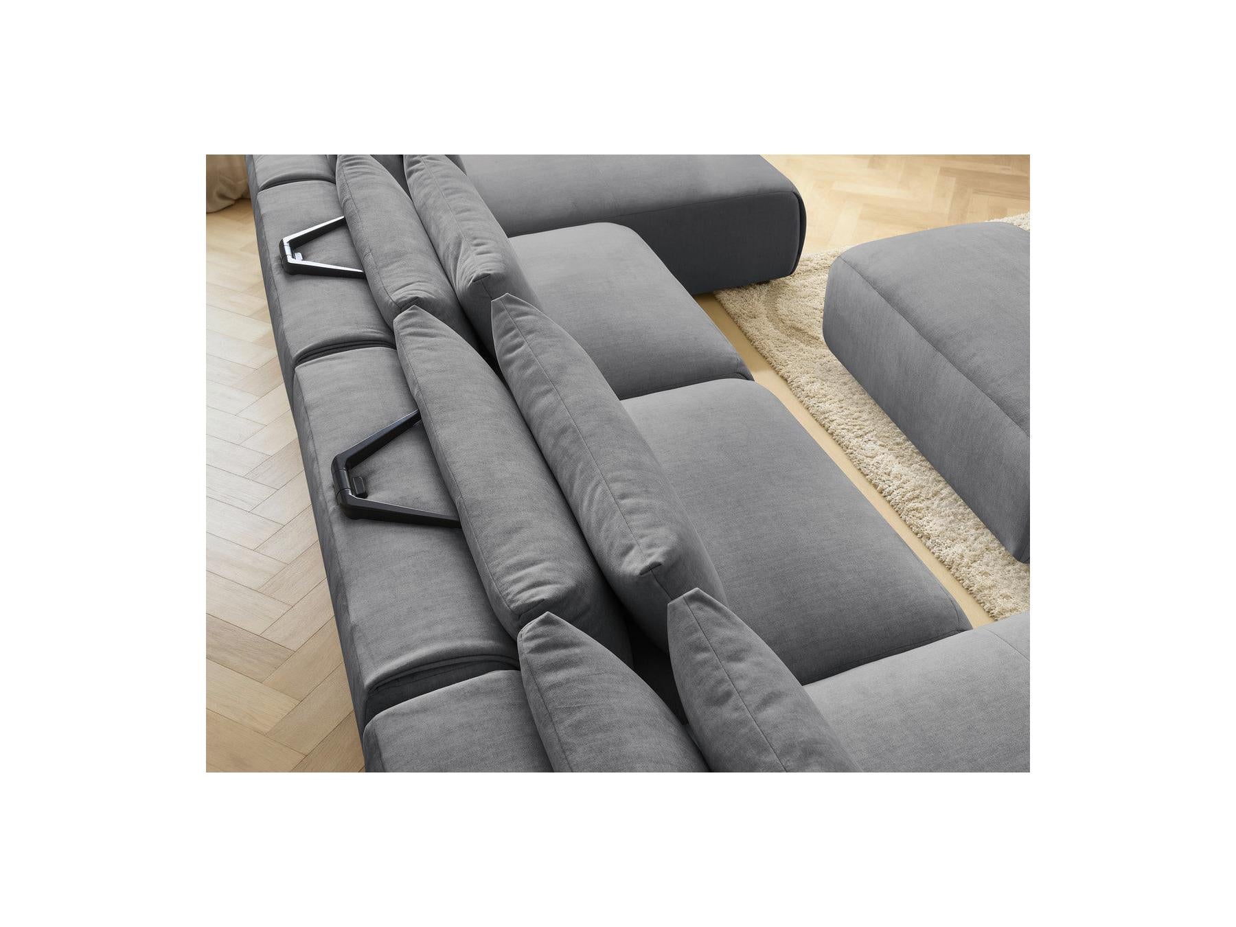 Jana - Canapé Panoramique Fixe Modulable Avec Têtières - Tissu Velours Avec 2 Méridiennes, 2 Chauffeuses Et 1 Petit Pouf