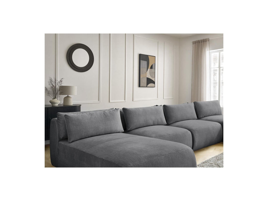 Jana - Canapé Panoramique Fixe Modulable Avec Têtières - Tissu Velours Avec 2 Méridiennes, 2 Chauffeuses Et 1 Petit Pouf