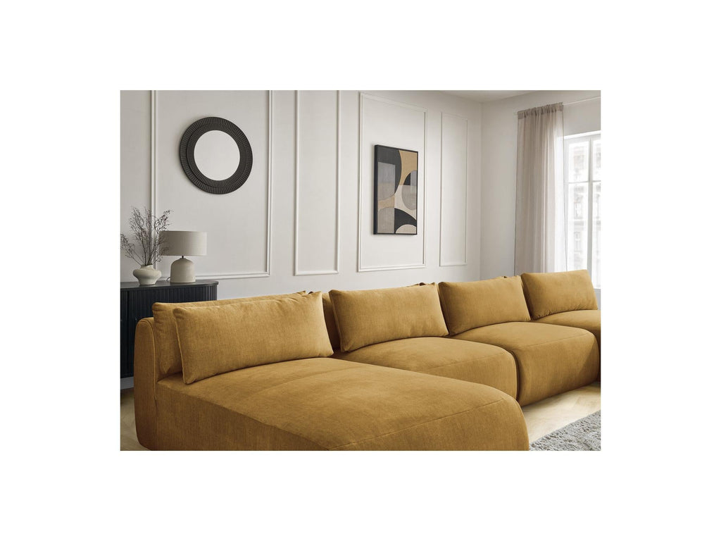 Jana - Canapé Panoramique Fixe Modulable Avec Têtières - Tissu Velours Avec 2 Méridiennes, 2 Chauffeuses Et 1 Petit Pouf