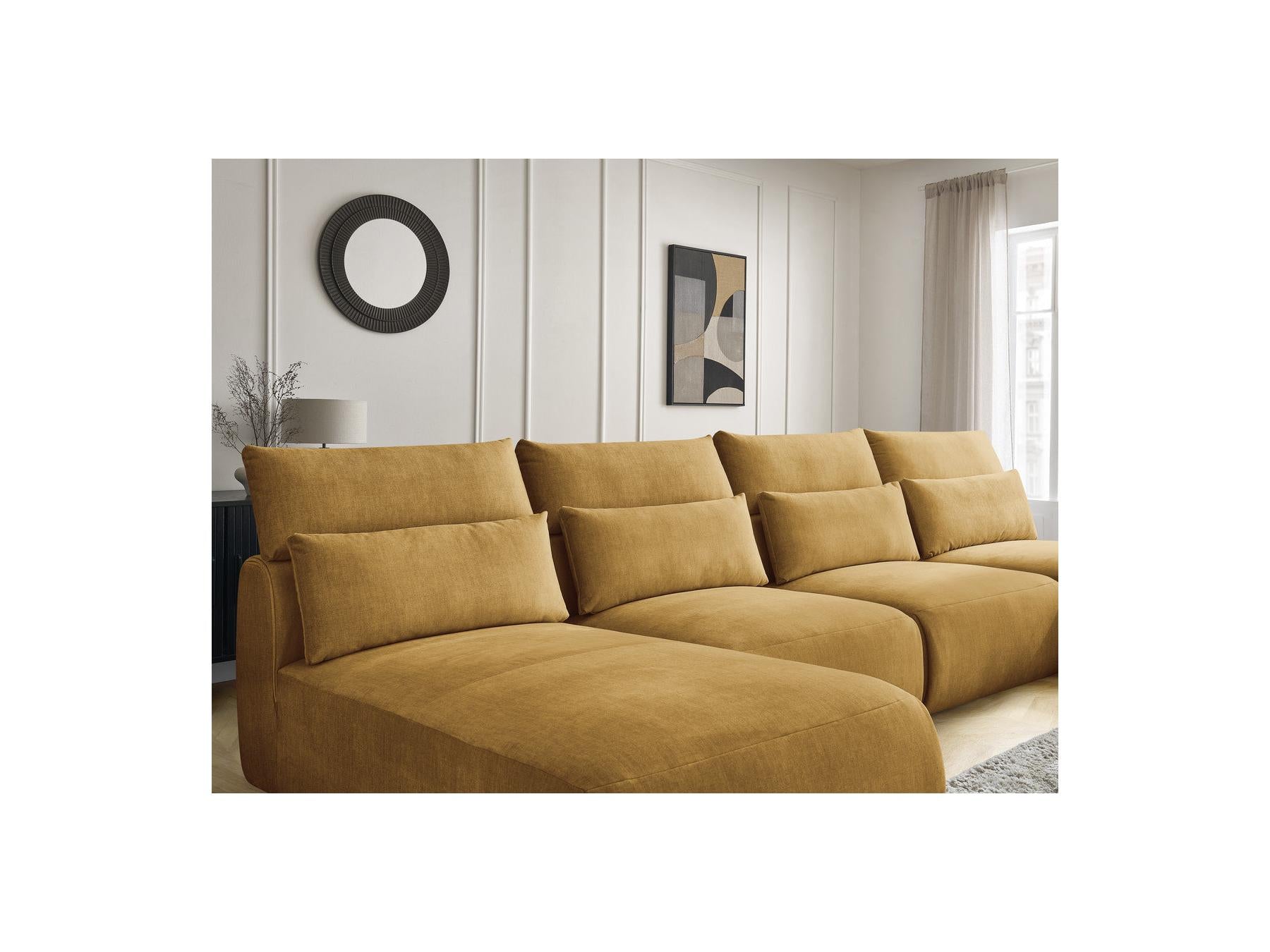 Jana - Canapé Panoramique Fixe Modulable Avec Têtières - Tissu Velours Avec 2 Méridiennes, 2 Chauffeuses Et 1 Petit Pouf