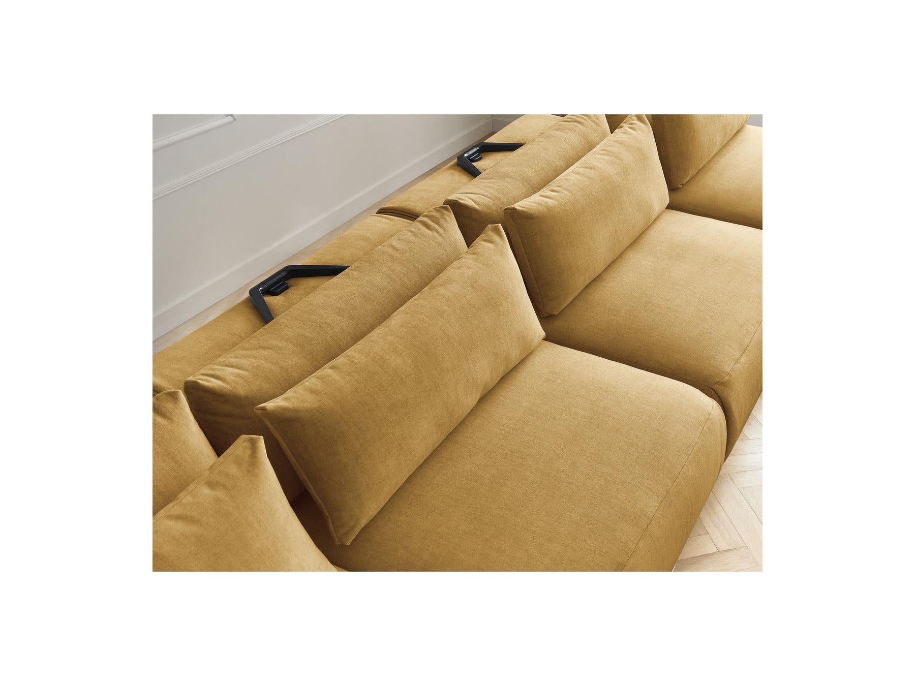 Jana - Canapé Panoramique Fixe Modulable Avec Têtières - Tissu Velours Avec 2 Méridiennes, 2 Chauffeuses Et 1 Petit Pouf