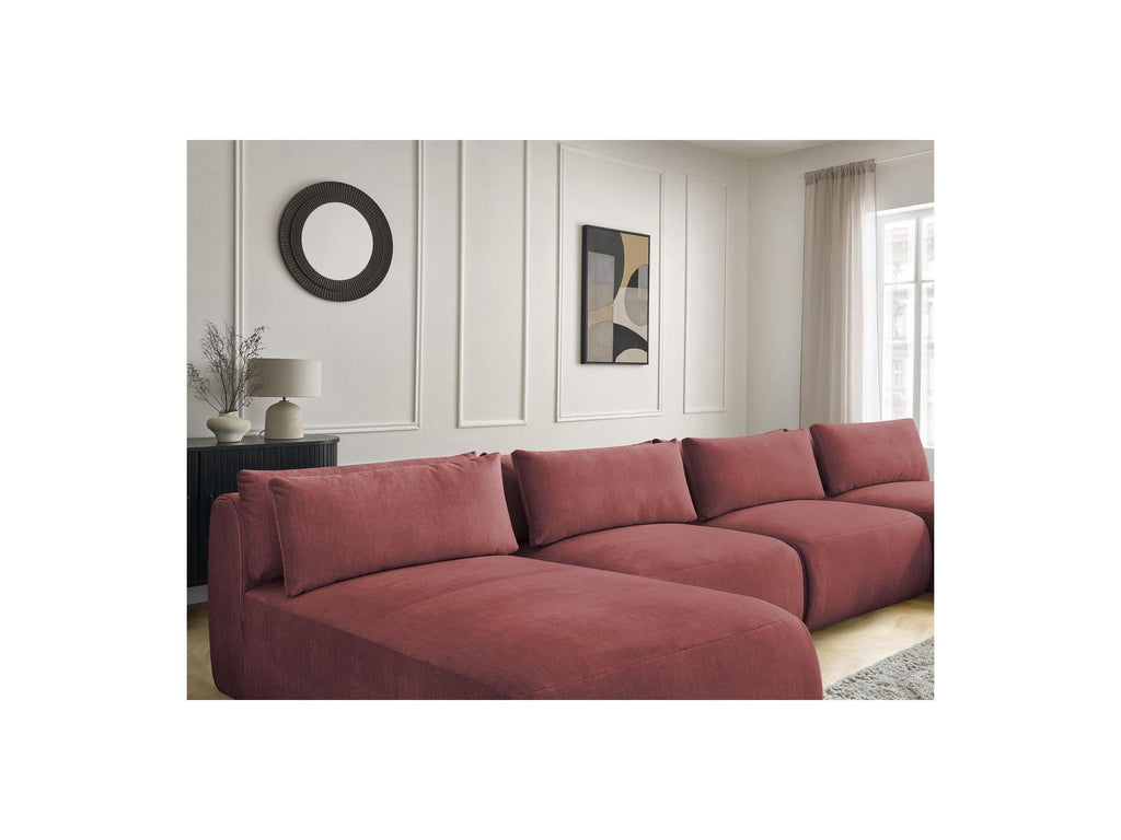Jana - Canapé Panoramique Fixe Modulable Avec Têtières - Tissu Velours Avec 2 Méridiennes, 2 Chauffeuses Et 1 Petit Pouf