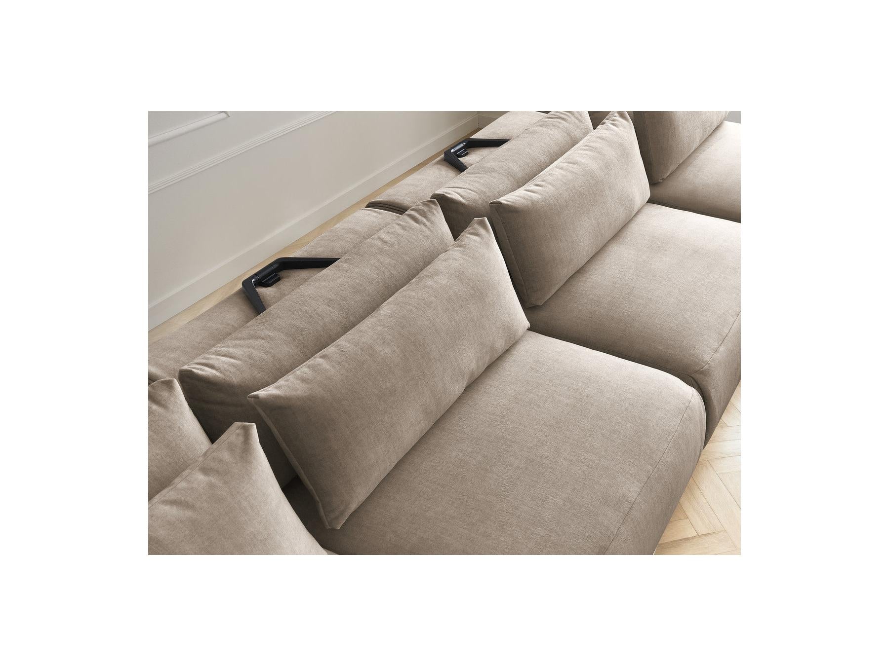 Jana - Canapé Panoramique Fixe Modulable Avec Têtières - Tissu Velours Avec 2 Méridiennes, 2 Chauffeuses Et 1 Petit Pouf
