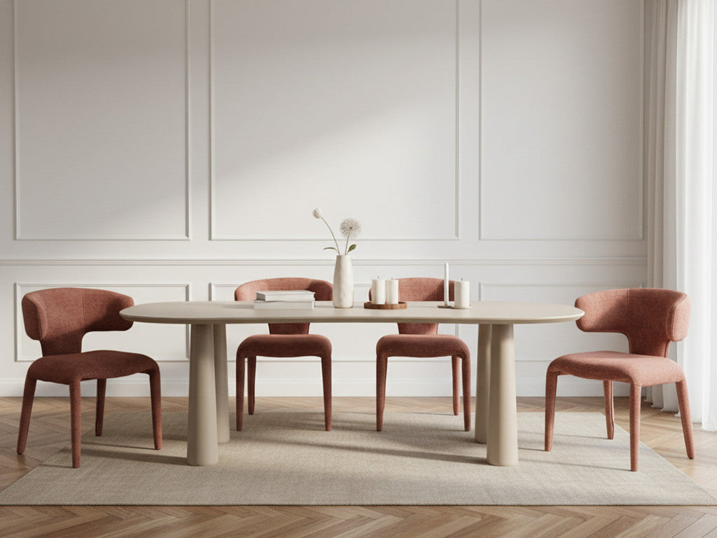 Sasha - Ensemble - Avec Table À Manger Ovale Beige + Chaises Mila Tissu Texturé - Lot De 4 Chaises