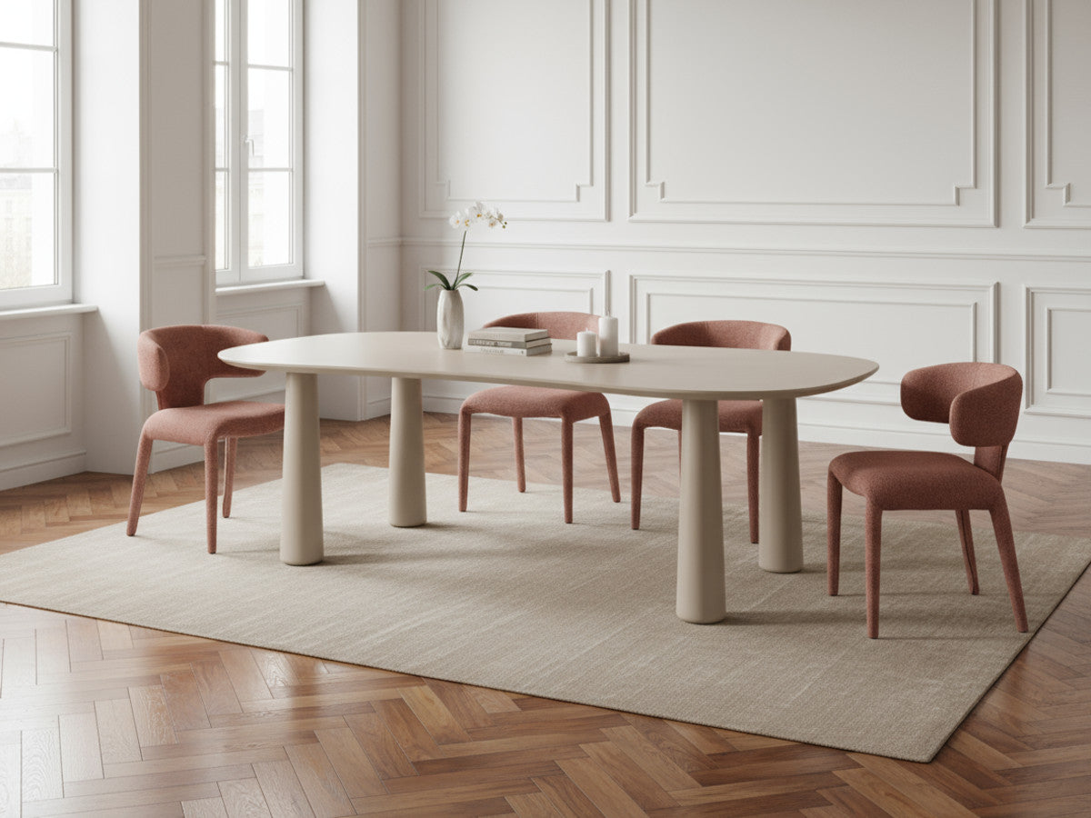 Sasha - Ensemble - Avec Table À Manger Ovale Beige + Chaises Mila Tissu Texturé - Lot De 4 Chaises