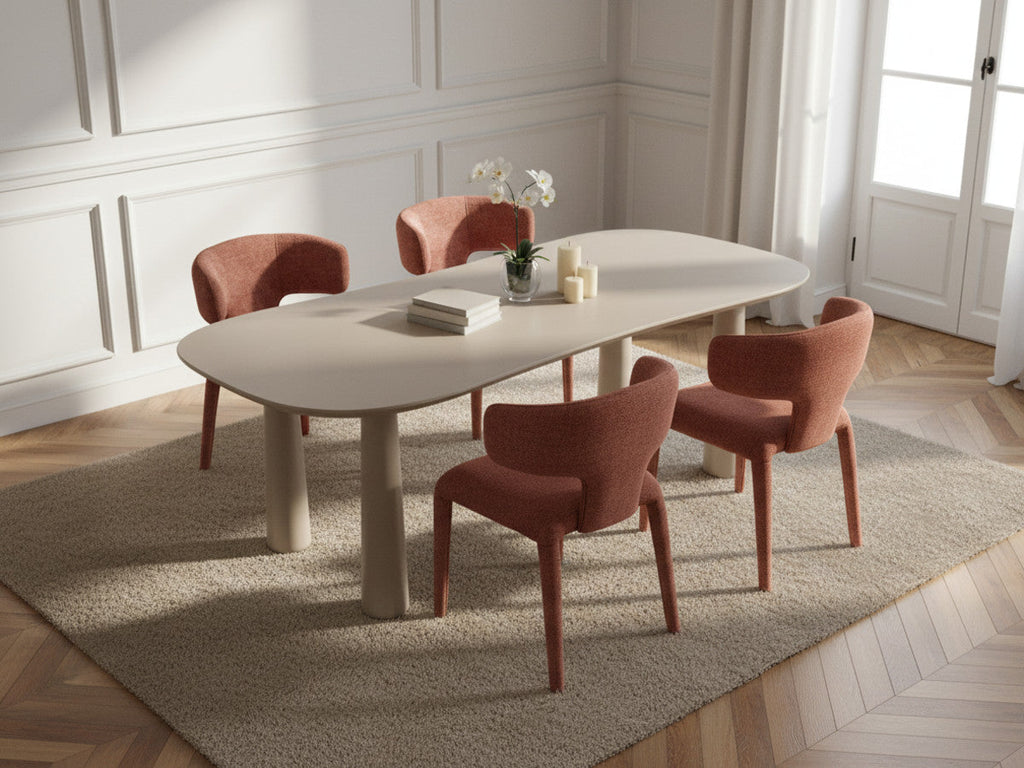 Sasha - Ensemble - Avec Table À Manger Ovale Beige + Chaises Mila Tissu Texturé - Lot De 4 Chaises