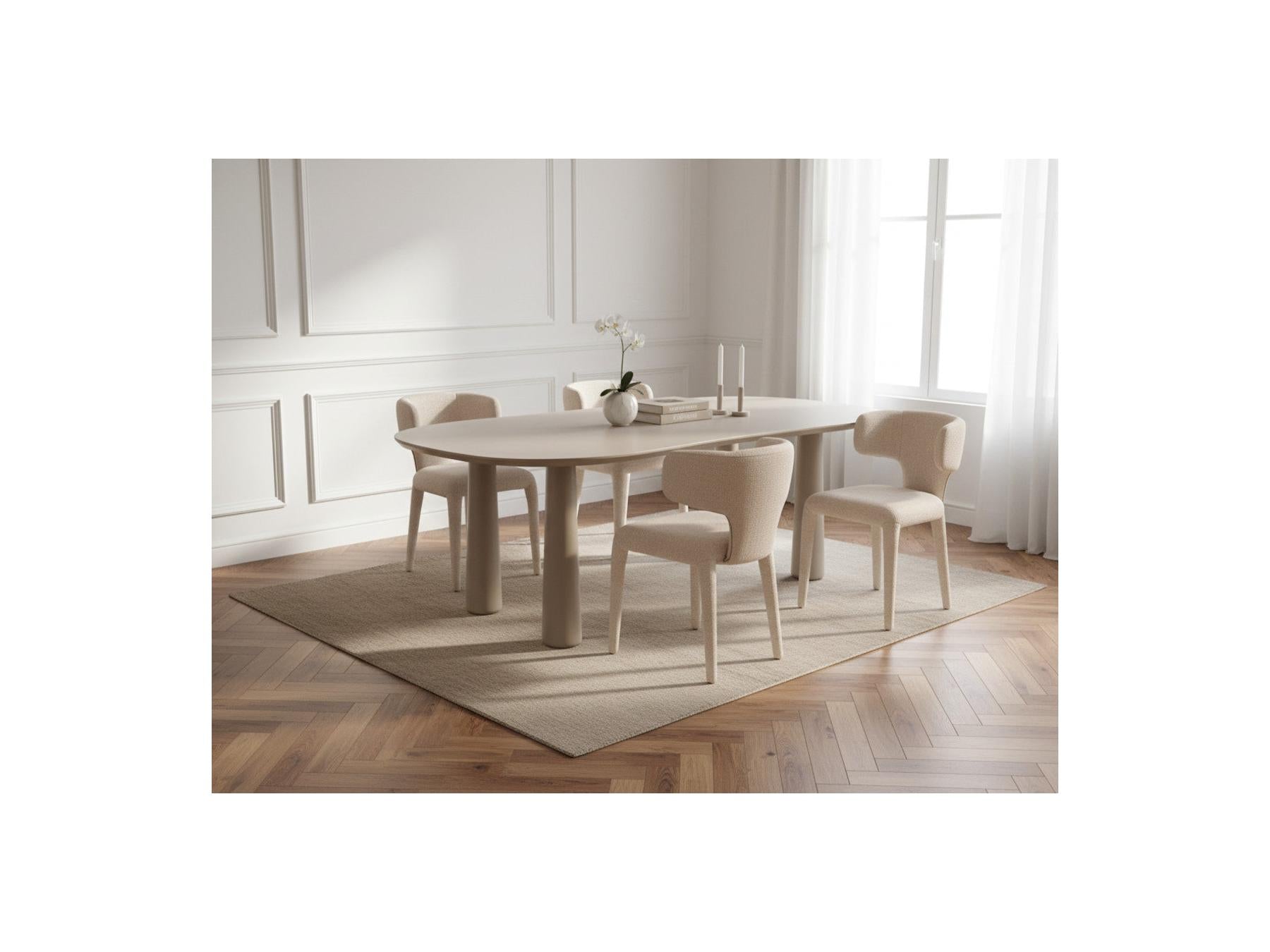 Sasha - Ensemble - Avec Table À Manger Ovale Beige + Chaises Mila Tissu Texturé - Lot De 4 Chaises