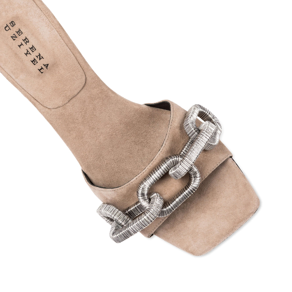 Catena Taupe High-Heel Sandal featuring antique silver chain embroidery and comfortable suede design.